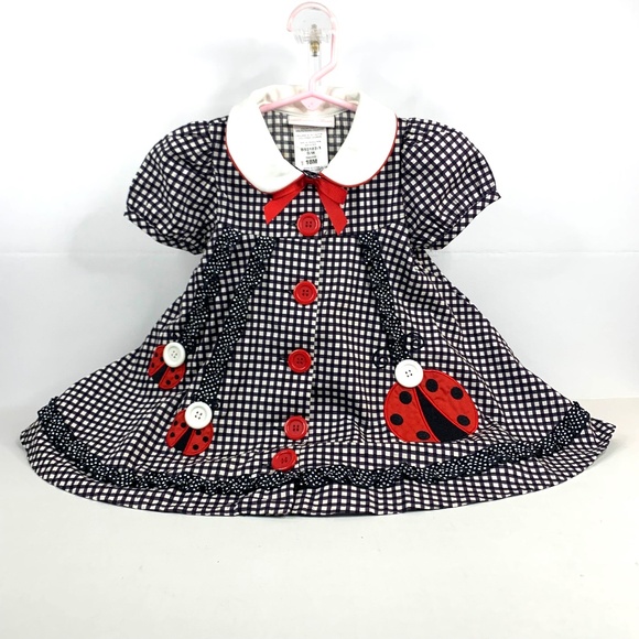 Bonnie Baby girls dress smocked neck ruffles red ladybug  black & white gingham - Picture 1 of 9